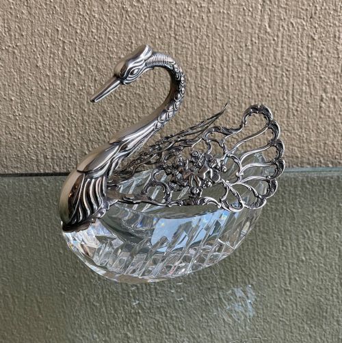 CUT GLASS SILVER SWAN DISH