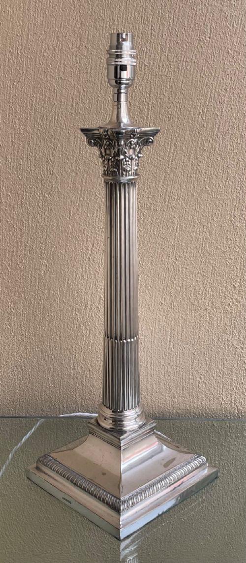Large Edwardian Silver Plated Corinthian Column Table Lamp