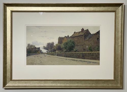 fig 1. A late 19th-century watercolour painting depicting a village street lined with stone cottages, a church tower, trees, and small figures.