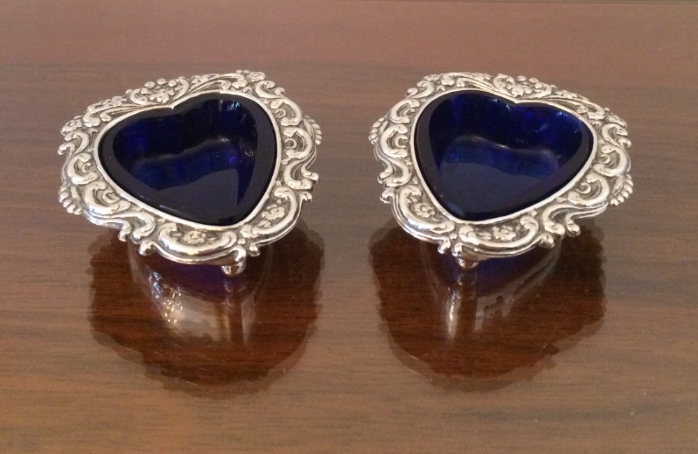 Pair Silver Heart Shaped Salts, 1907