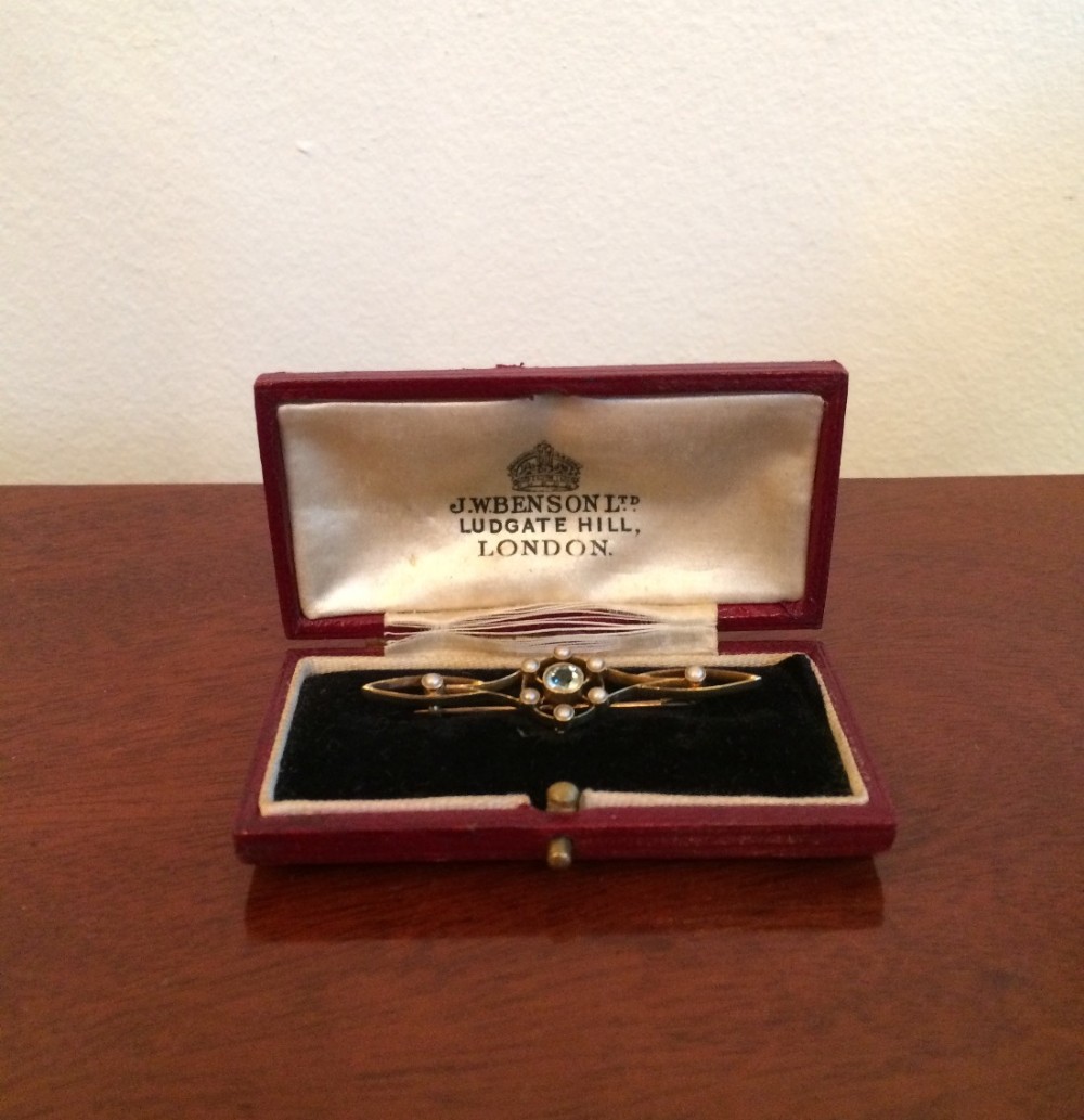 Edwardian Aquamarine & Seed Pearl Brooch 