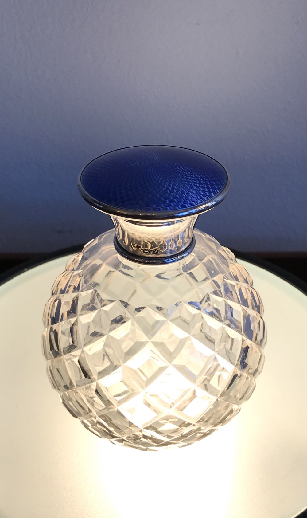 George V Silver & Blue Guilloche Enamel Scent Perfume Bottle