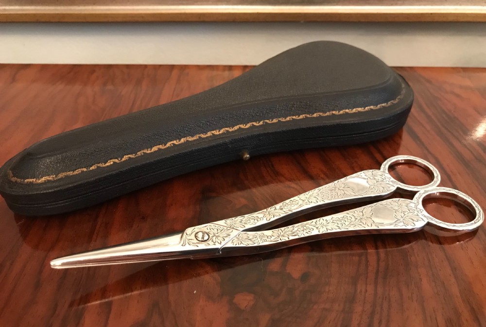 Beautiful Pair Edwardian Solid Silver Grape Scissors View V