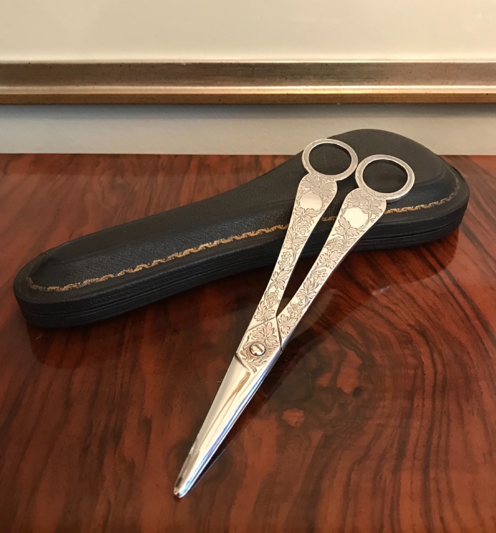Beautiful Pair Edwardian Solid Silver Grape Scissors View VIII