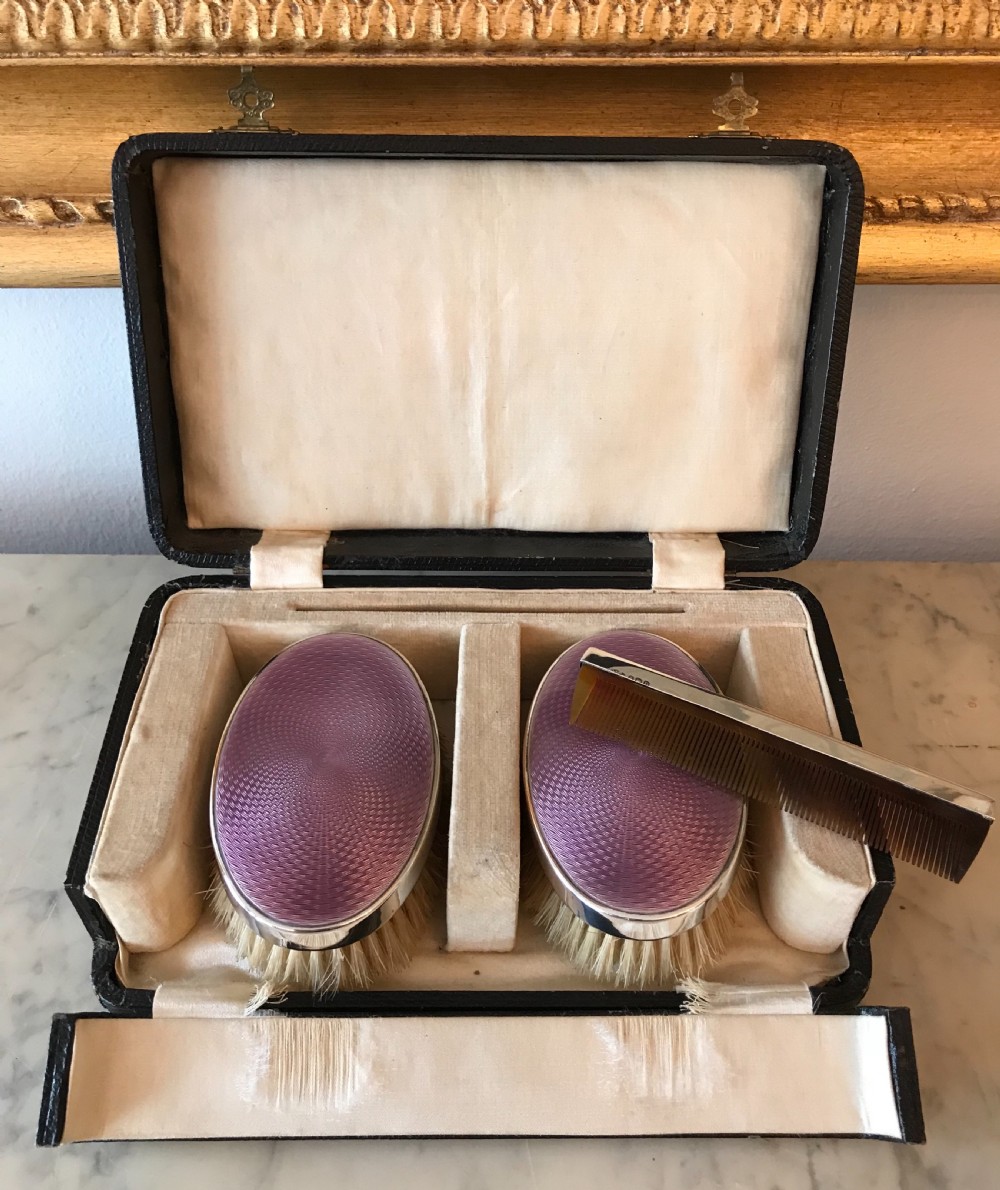 Beautiful Pair Guilloche Enamel & Silver Brushes, 1927 View II