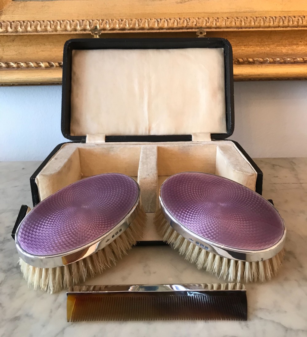 Beautiful Pair Guilloche Enamel & Silver Brushes, 1927 View III