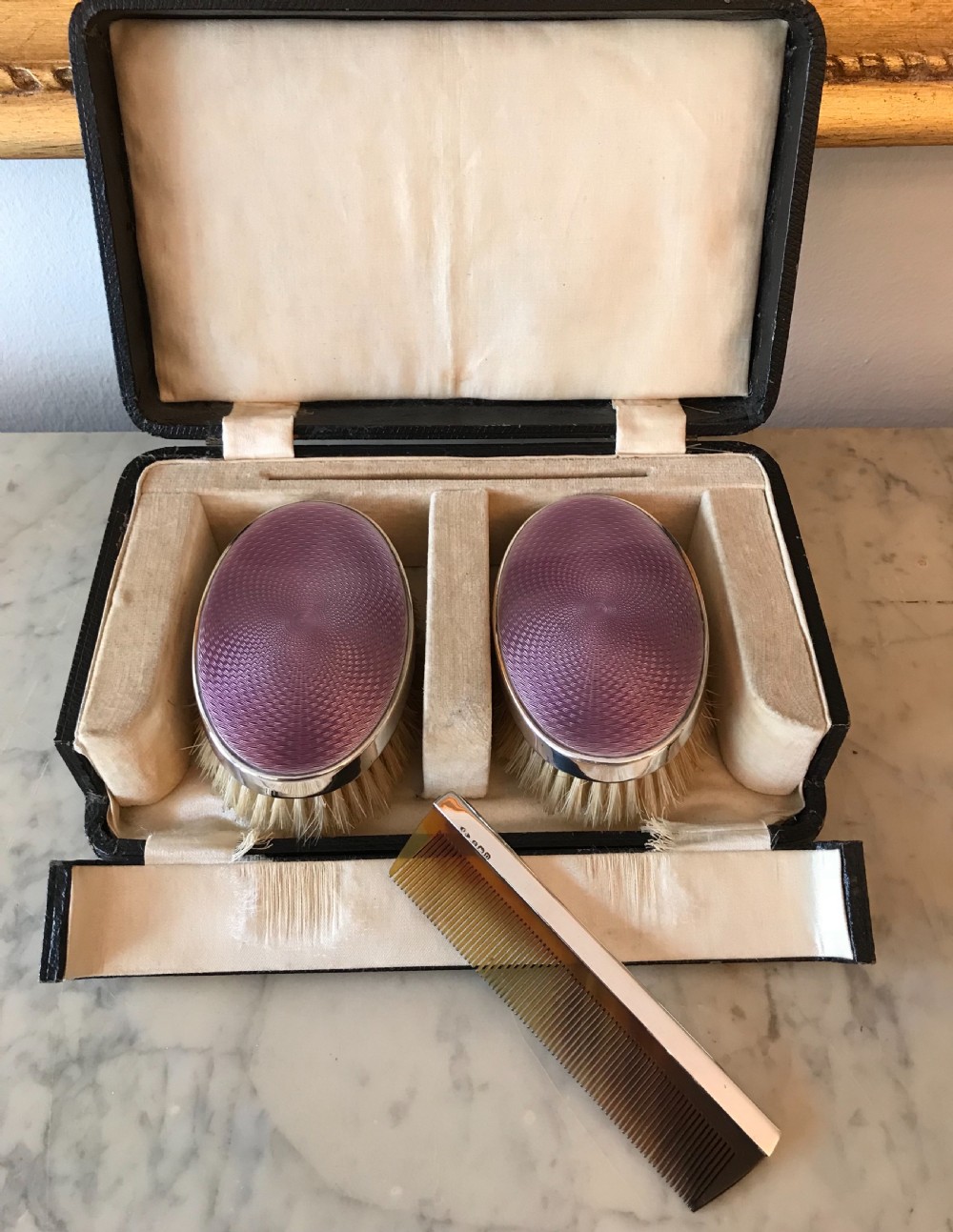 Beautiful Pair Guilloche Enamel & Silver Brushes, 1927 View IV