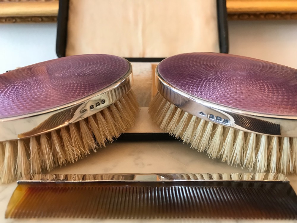 Beautiful Pair Guilloche Enamel & Silver Brushes, 1927 View V