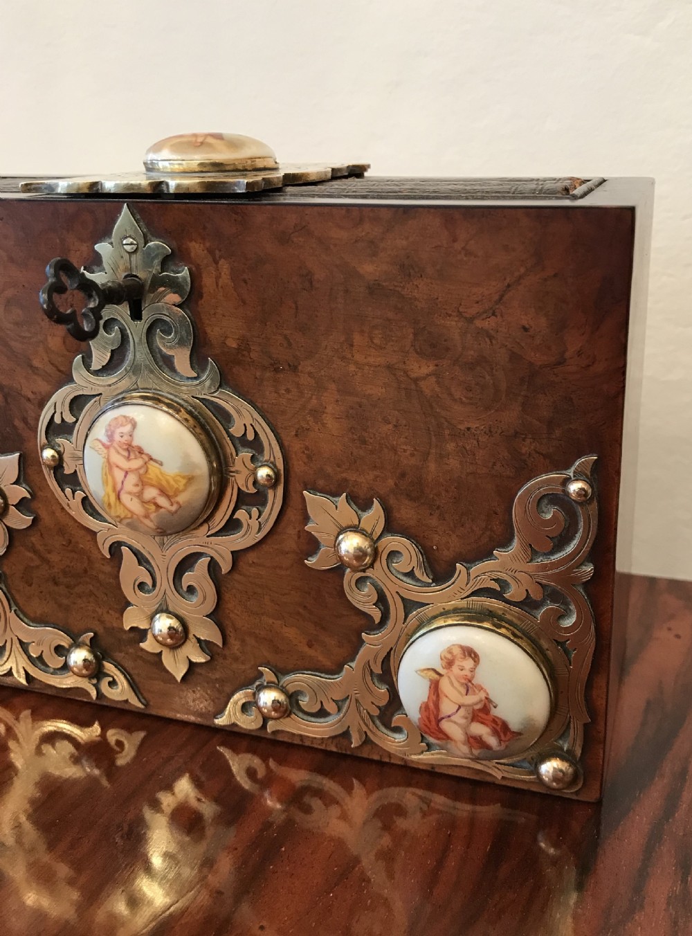 Rare Victorian Burr Walnut & Brass Bound Book Safe View XVI