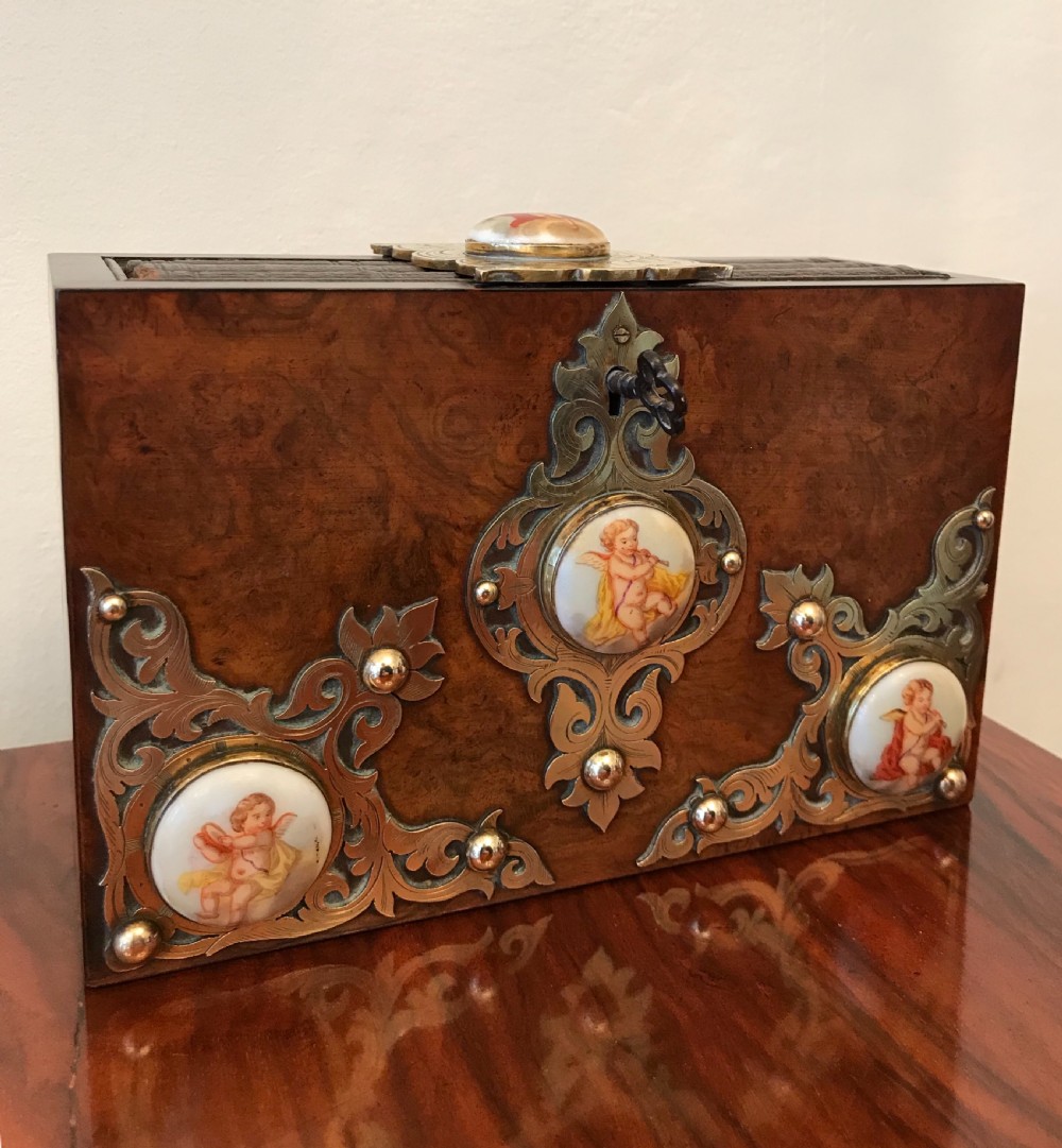Rare Victorian Burr Walnut & Brass Bound Book Safe View XVII
