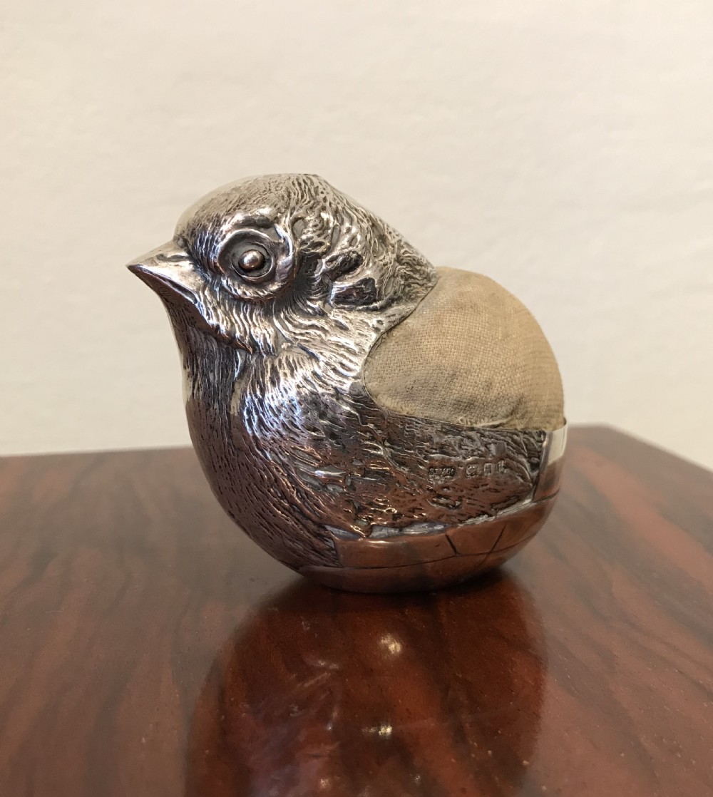 Rare Very Large Silver Chick Pin Cushion View III