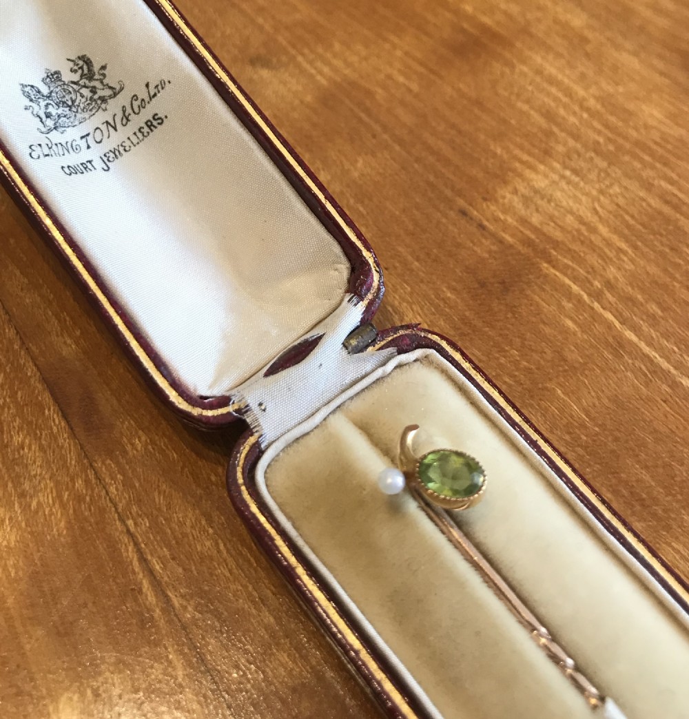 Edwardian 15ct Gold Peridot & Pearl Stick Pin  View IV