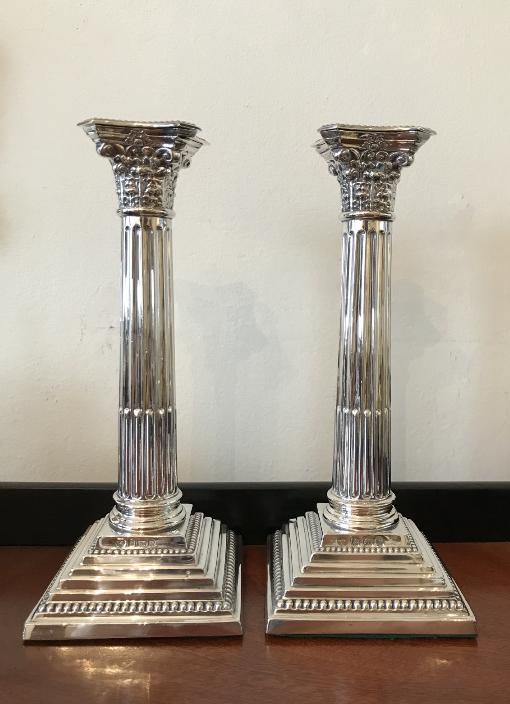 Pair Late Victorian Solid Silver Corinthian Column Candlesticks, Birmingham 1901