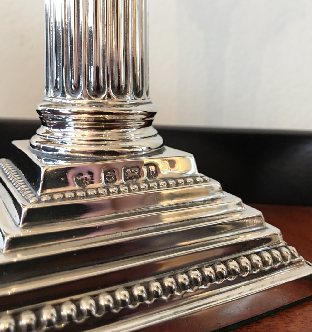 Pair Late Victorian Solid Silver Corinthian Column Candlesticks, Birmingham 1901 View II