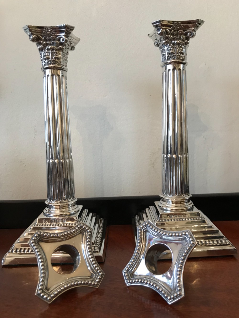Pair Late Victorian Solid Silver Corinthian Column Candlesticks, Birmingham 1901 View III