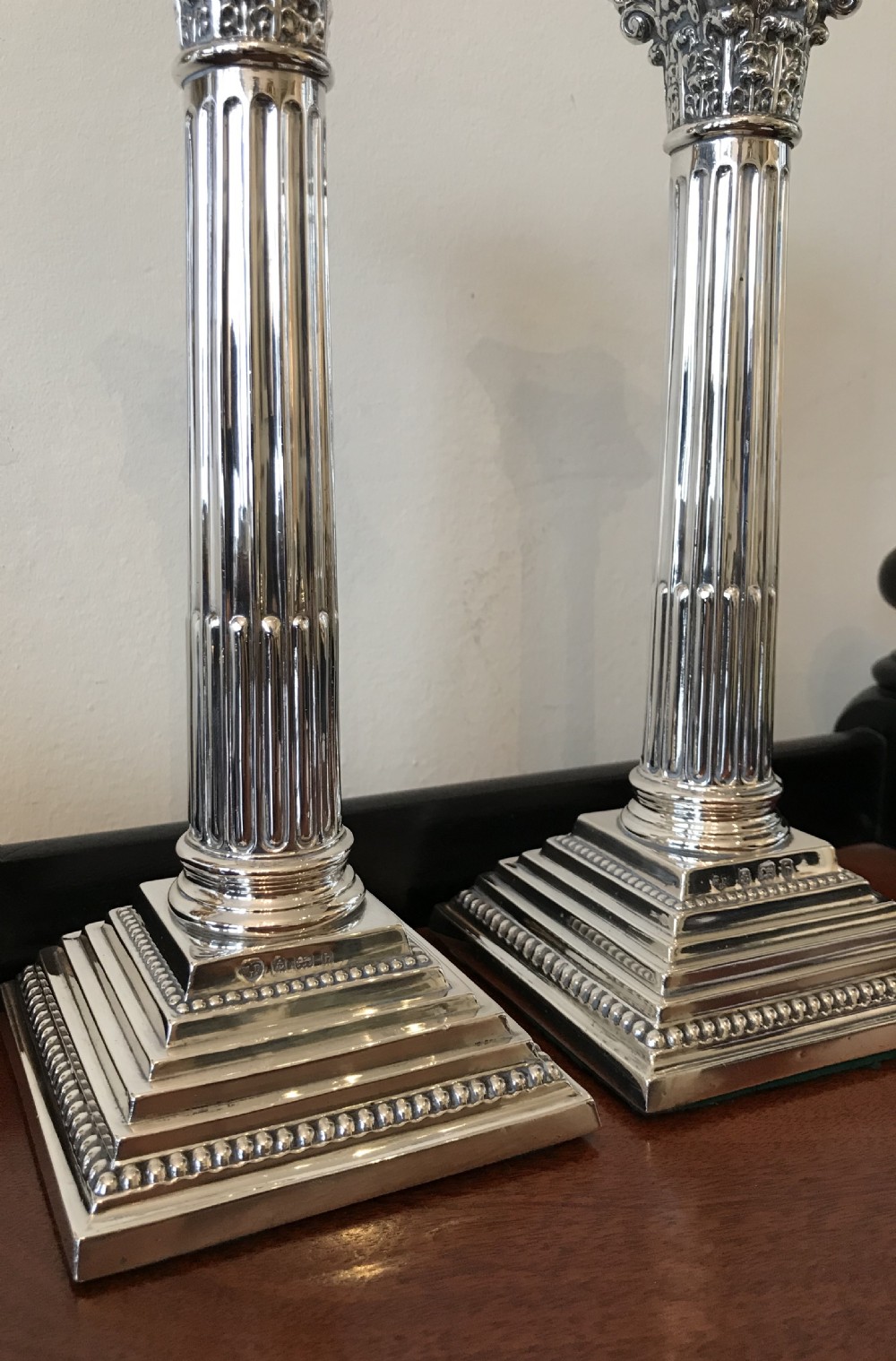 Pair Late Victorian Solid Silver Corinthian Column Candlesticks, Birmingham 1901 View IV