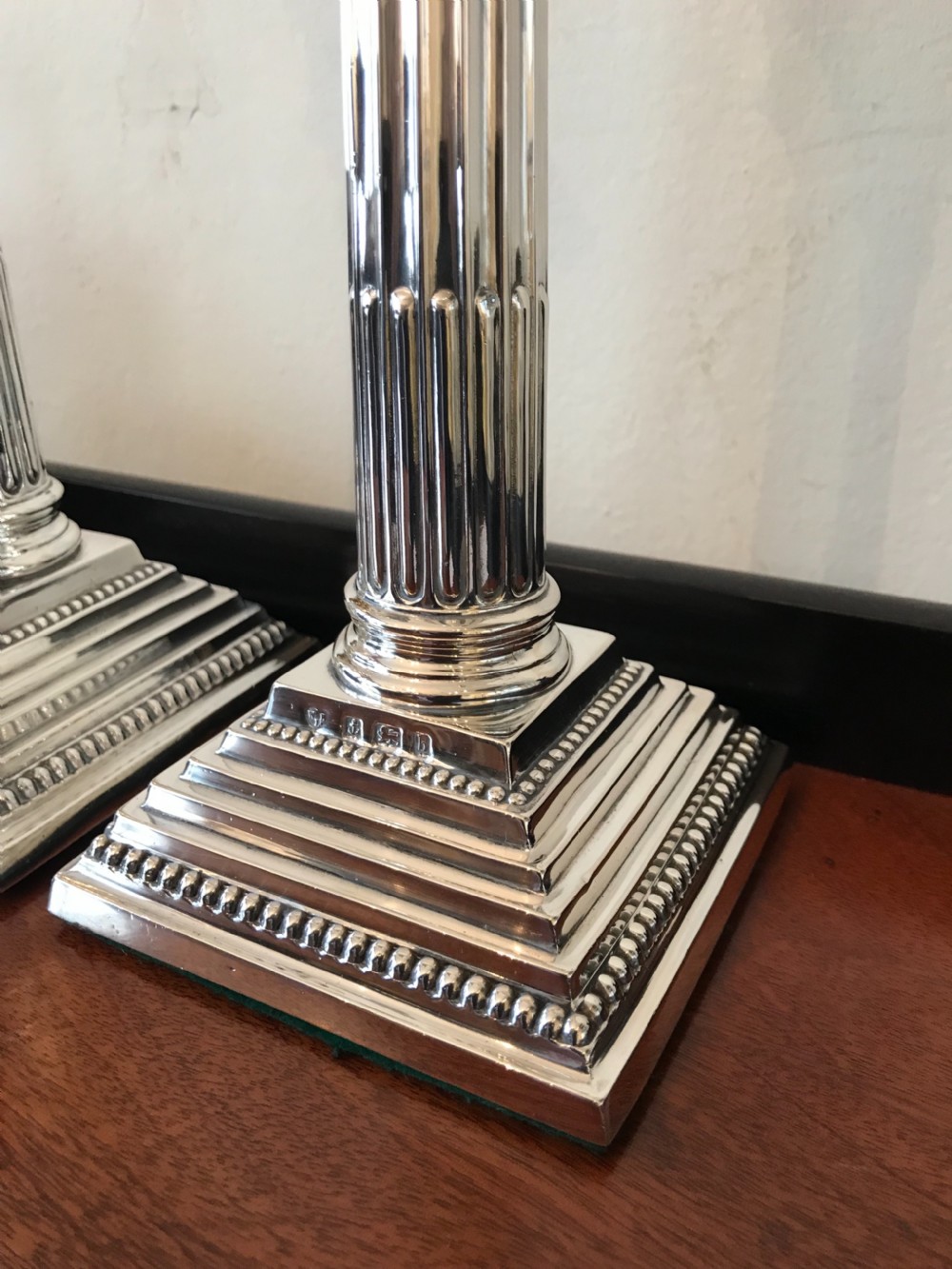 Pair Late Victorian Solid Silver Corinthian Column Candlesticks, Birmingham 1901 View V