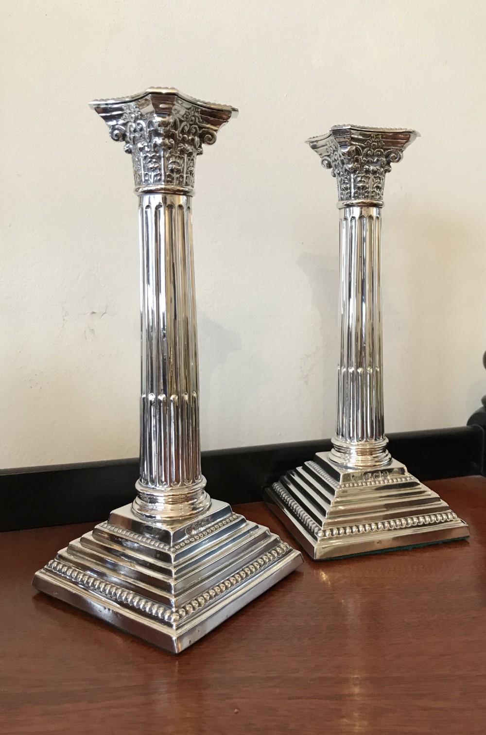 Pair Late Victorian Solid Silver Corinthian Column Candlesticks, Birmingham 1901 View IX