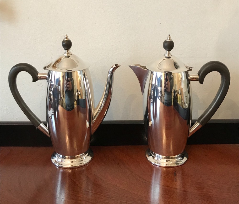 Pair George V Solid Silver Chocolate Pots