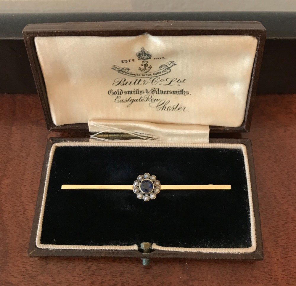 Edwardian 15ct Gold Sapphire & Pearl Brooch, Circa 1900-1910