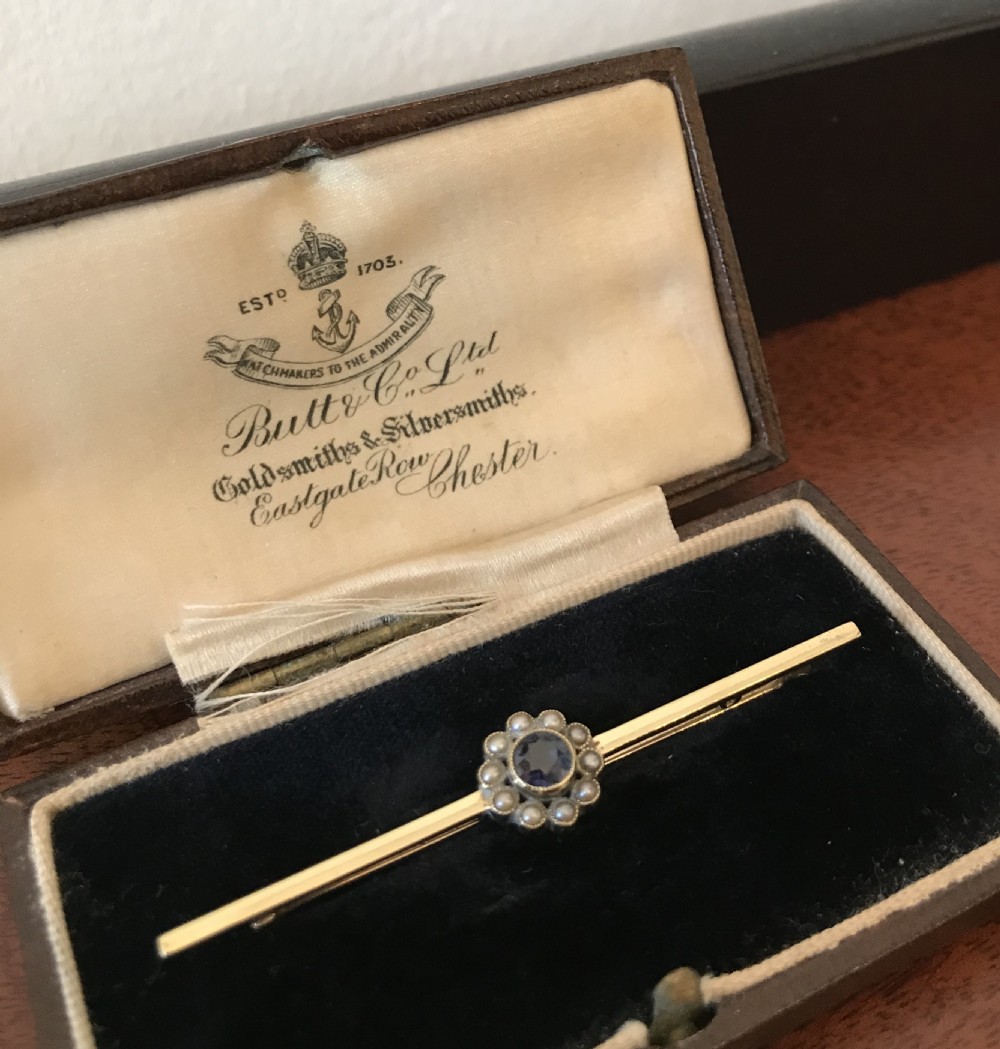 Edwardian 15ct Gold Sapphire & Pearl Brooch, Circa 1900-1910 View II