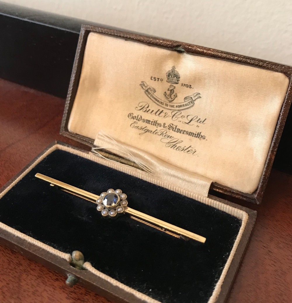 Edwardian 15ct Gold Sapphire & Pearl Brooch, Circa 1900-1910 View III