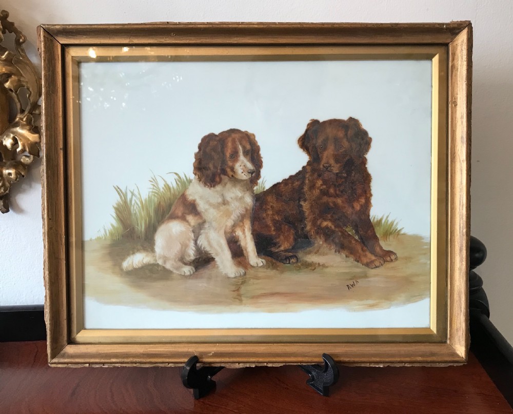 Delightful Late Victorian Painting of Dogs on Glass
