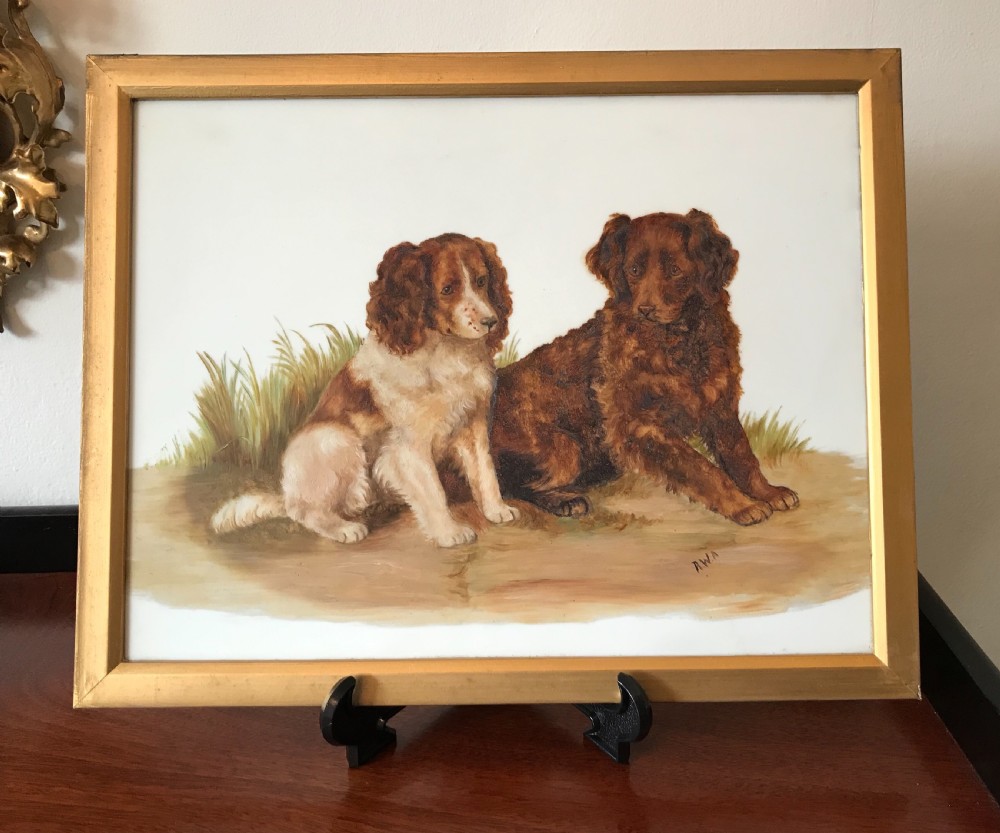 Delightful Late Victorian Painting of Dogs on Glass View II