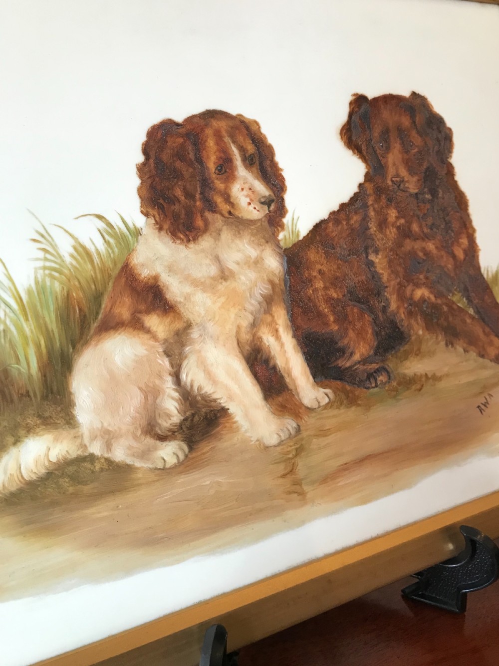 Delightful Late Victorian Painting of Dogs on Glass View III