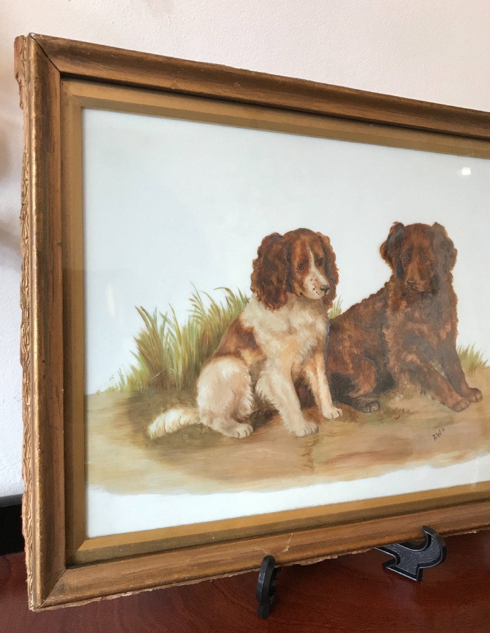 Delightful Late Victorian Painting of Dogs on Glass View VI