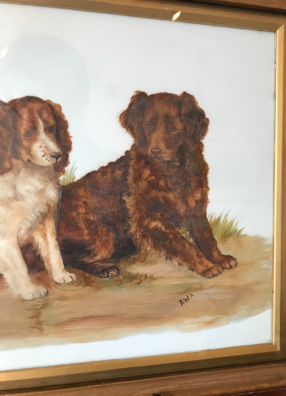 Delightful Late Victorian Painting of Dogs on Glass View VII