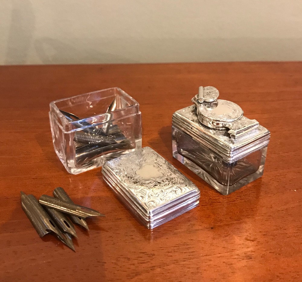 Rare Early Victorian Solid Silver Travelling Inkwell and Nib Box