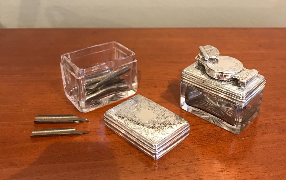 Rare Early Victorian Solid Silver Travelling Inkwell and Nib Box View VIII