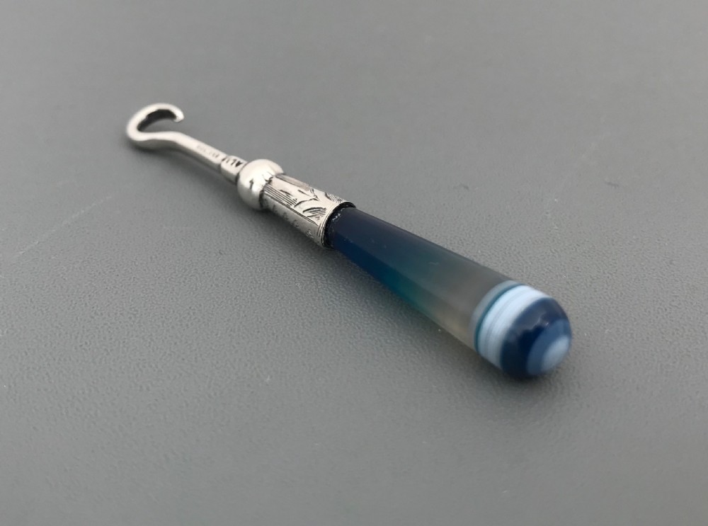 Wonderful Edwardian Silver & Agate Button Hook View IV