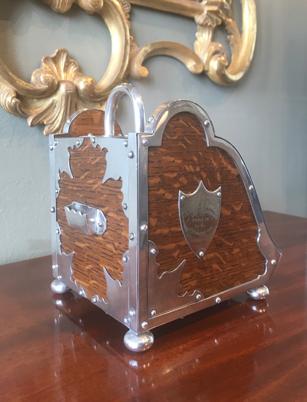 Victorian Oak Tea Caddy in form of Coal Scuttle View V