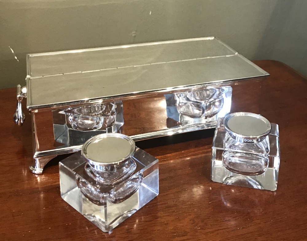 Superb George V Solid Silver Inkwell Desk Stand, 1935 View XI