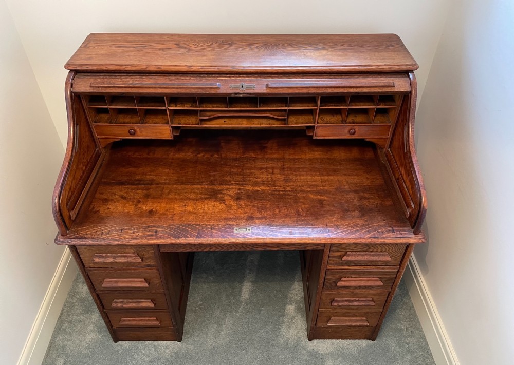 Quality Late Victorian Oak roll Top Desk View X