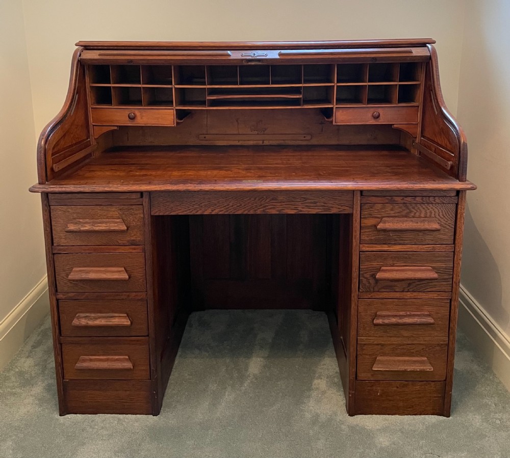Quality Late Victorian Oak roll Top Desk View XII