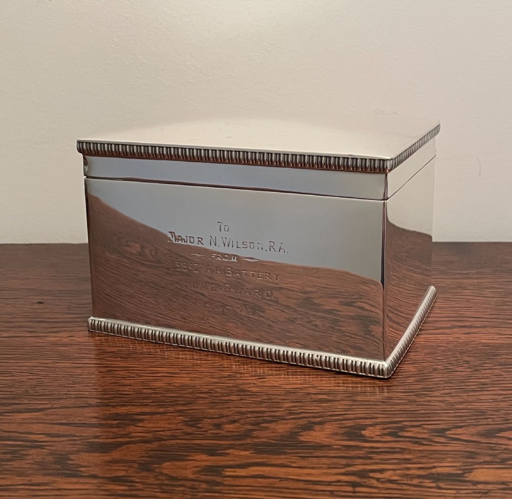Quality George VI Solid Silver Biscuit Box, WW2 Dedication 