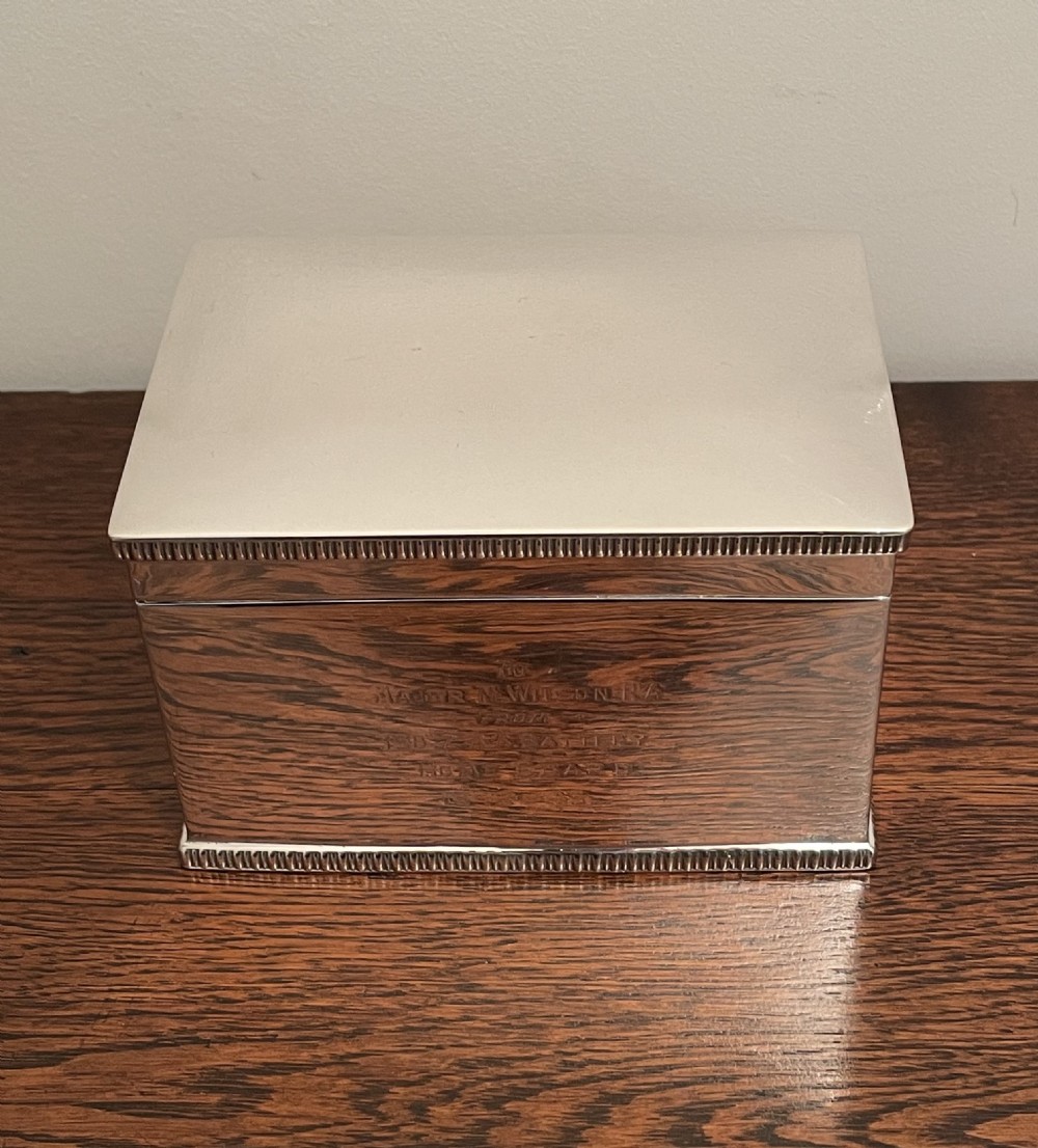 Quality George VI Solid Silver Biscuit Box, WW2 Dedication  View II