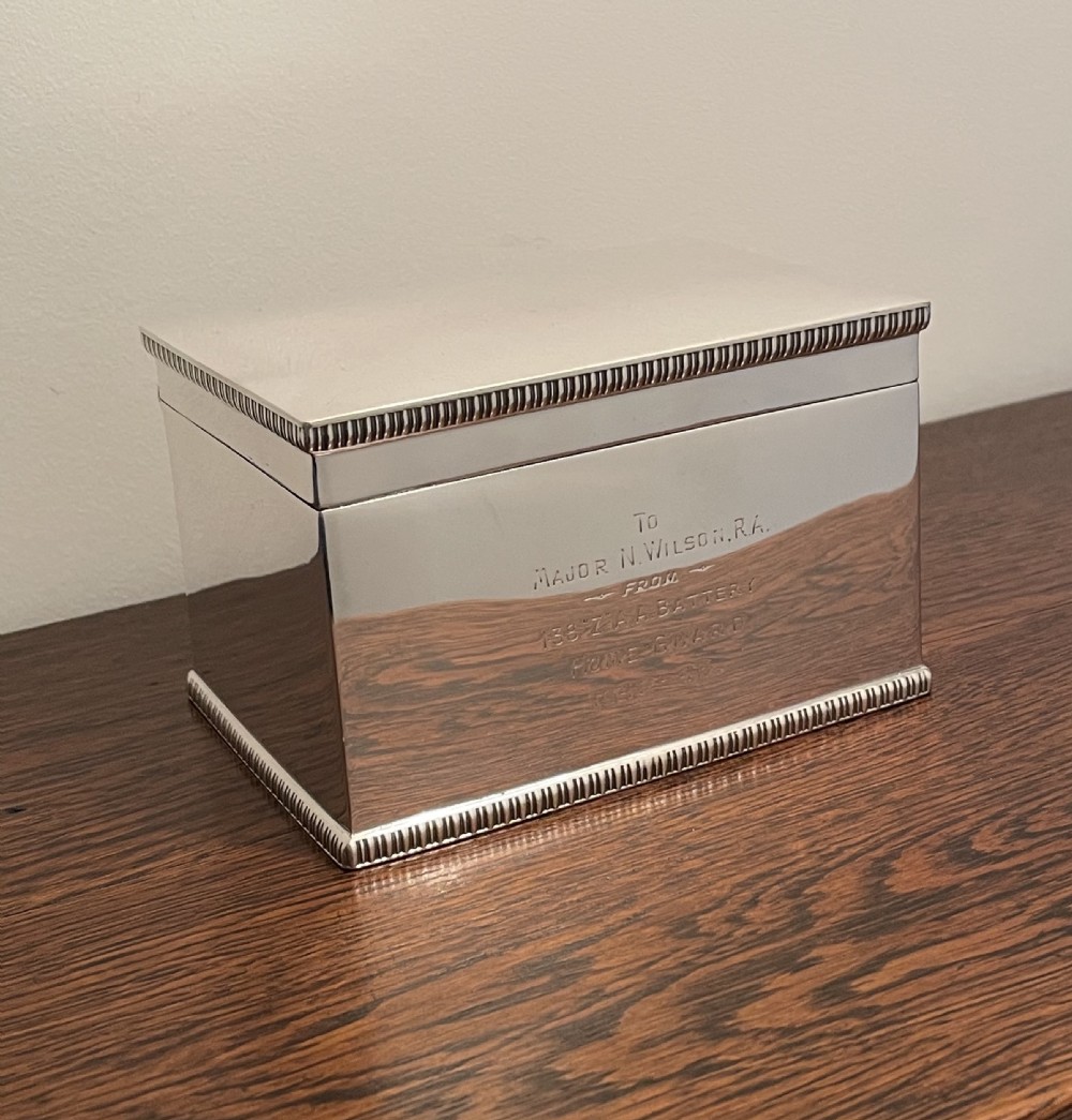 Quality George VI Solid Silver Biscuit Box, WW2 Dedication  View IV