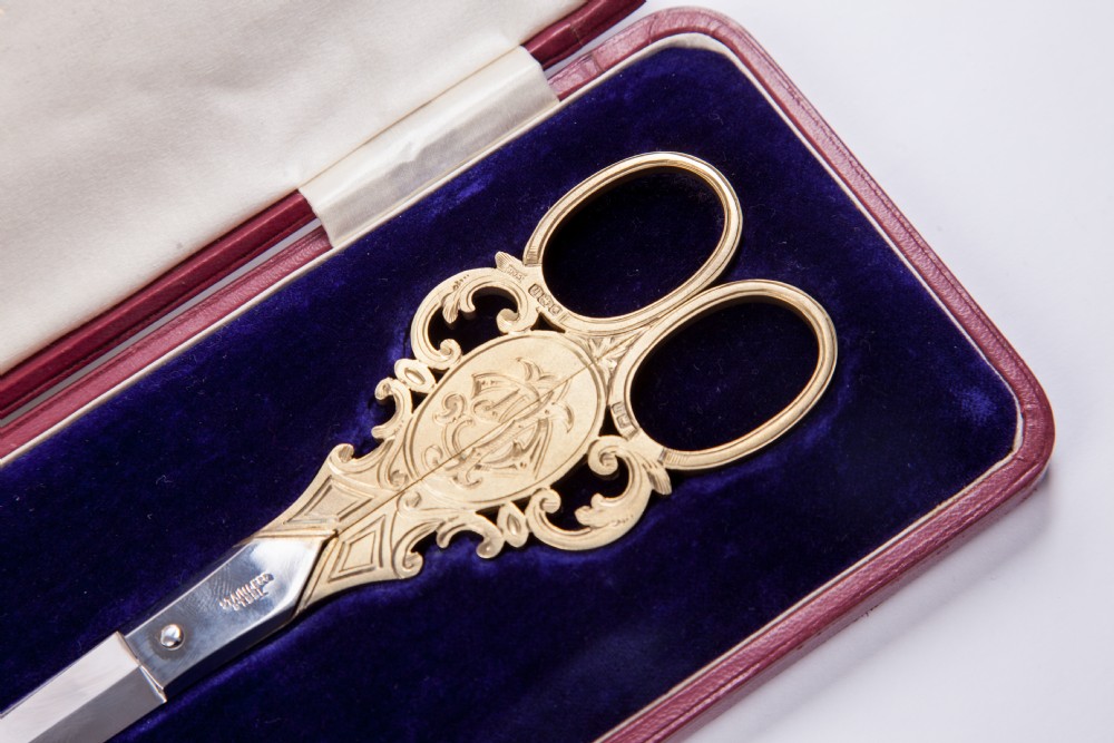 Stunning Pair of George V Solid Silver Gilt Scissors, Walker & Hall View III