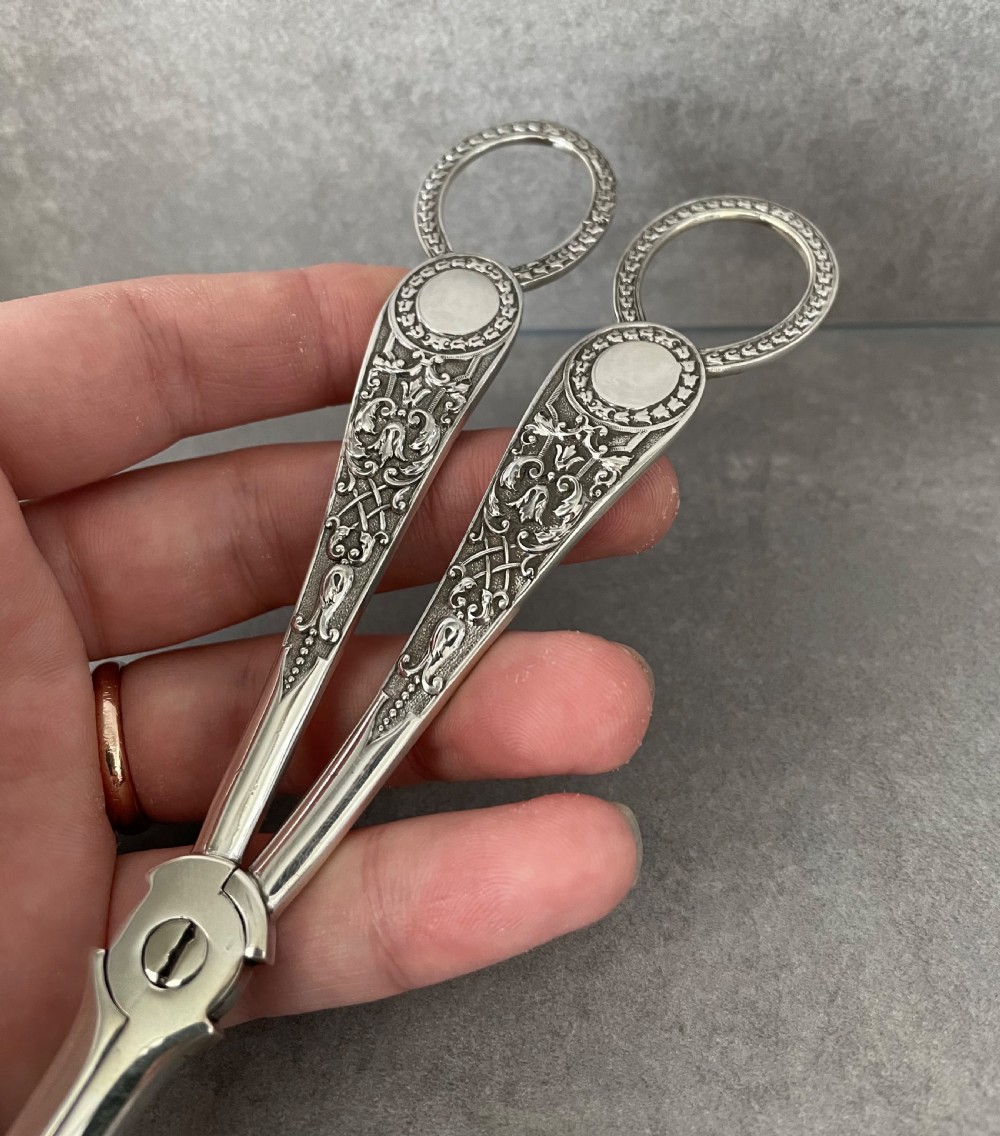 Pair Victorian Solid Silver Grape Scissors, 1882 View V
