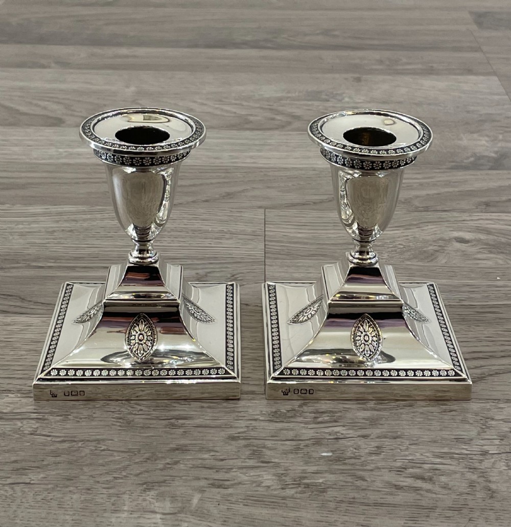 Pair Edwardian Solid Silver Candlesticks by Hawksworth Eyre & Co