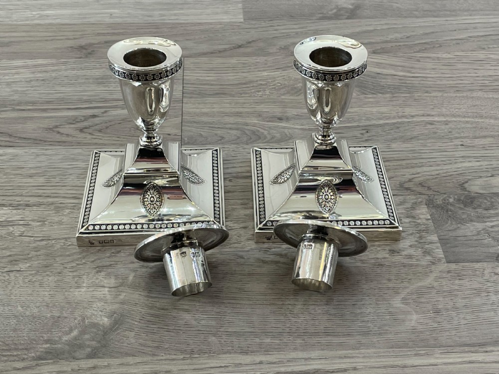 Pair Edwardian Solid Silver Candlesticks by Hawksworth Eyre & Co View VI
