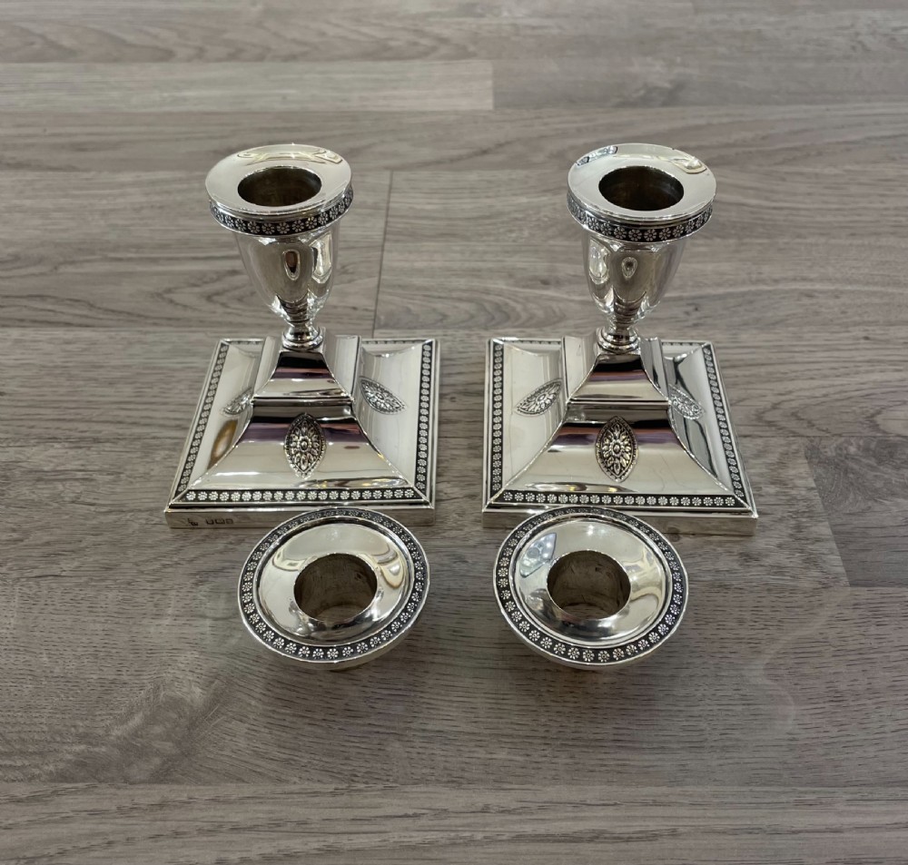 Pair Edwardian Solid Silver Candlesticks by Hawksworth Eyre & Co View VII