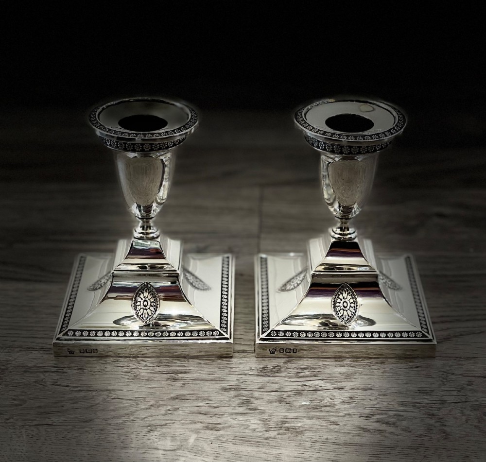 Pair Edwardian Solid Silver Candlesticks by Hawksworth Eyre & Co View X