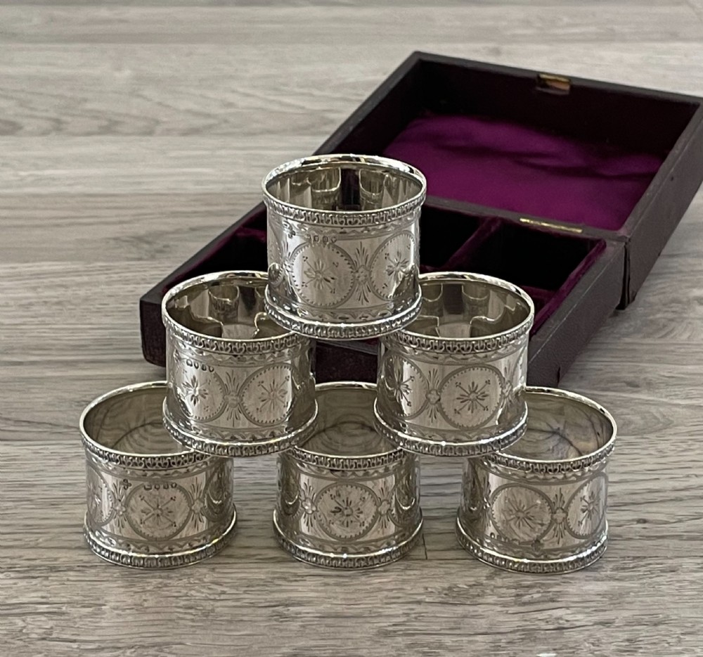 Quality Set of Six Victorian Solid Silver Napkin Rings, Original Case