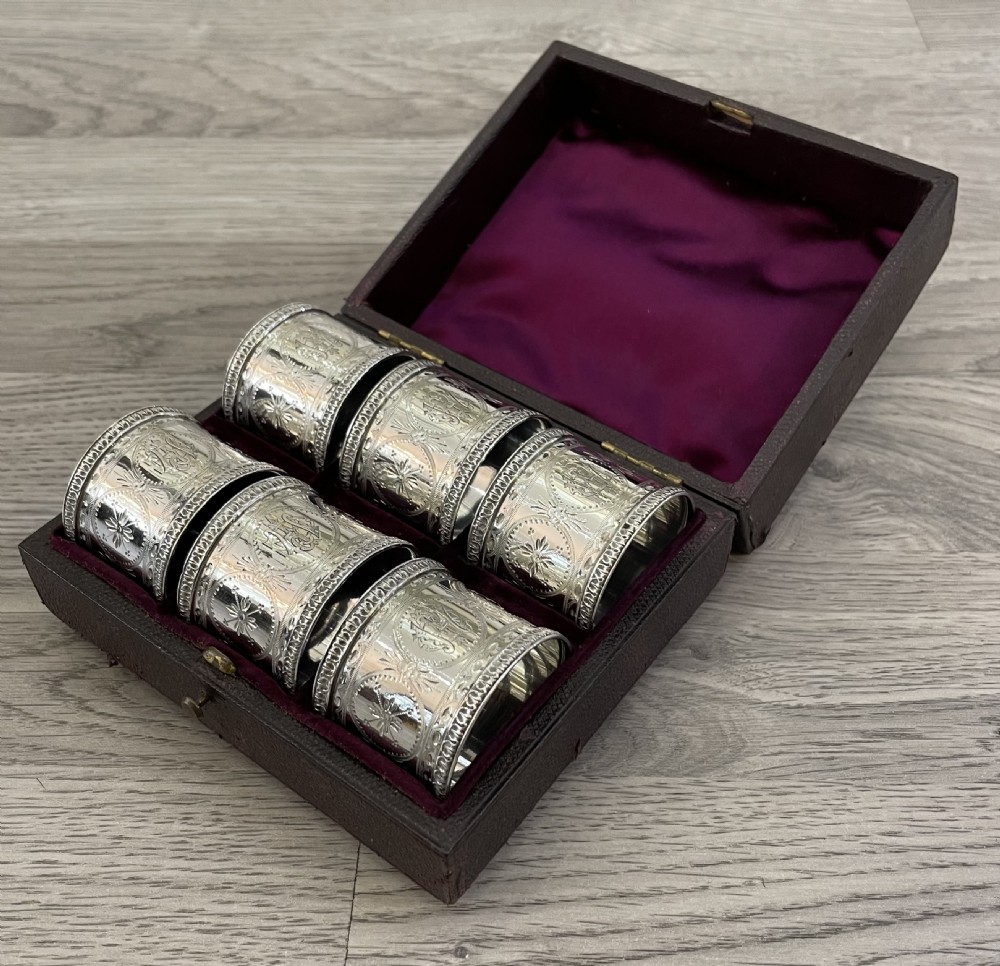 Quality Set of Six Victorian Solid Silver Napkin Rings, Original Case View II