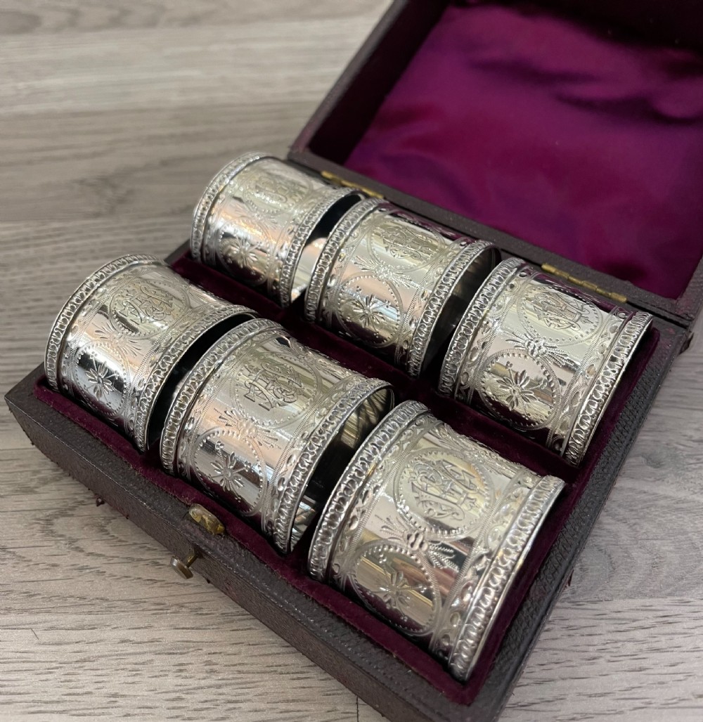 Quality Set of Six Victorian Solid Silver Napkin Rings, Original Case View III